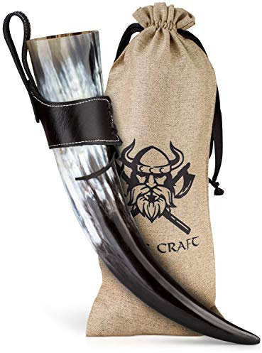 VIKING CRAFT® Trinkhorn Wikinger ca. 450ml - Authentisches 3-Teiliges Horn Set für Wikinger Met Honigwein mit Gürtelhalter – Methorn Wikinger Deko, LARP Mittelalter Bierkrug, Honigmet