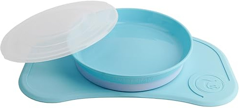 Twistshake Click-Mat Mini + Platte | Anti-Rutsch-Geschirrset für Babys | Babyteller + Baby-Tischset (31x17) | BPA-freier Baby-Entwöhnungsteller | Essenstrainingsplatte für Kinder ab 6m+ | Blau