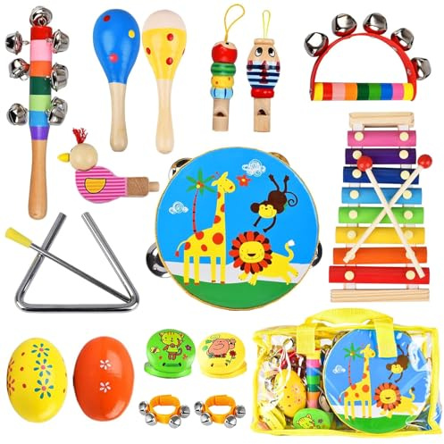 Kids Musical Instruments Set, 20 Pcs Toddler Wooden Percussion Instruments for Baby Children with Tambourine Xylophone Maracas, Preschool Musical Toys Set for Boys and Girls with Carrying Bag