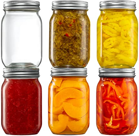 [6 Pack] 16 oz. Regular-Mouth Glass Mason Jars with Metal Airtight Lids and Bands for 1 Pint Canning, Preserving, & Meal Prep