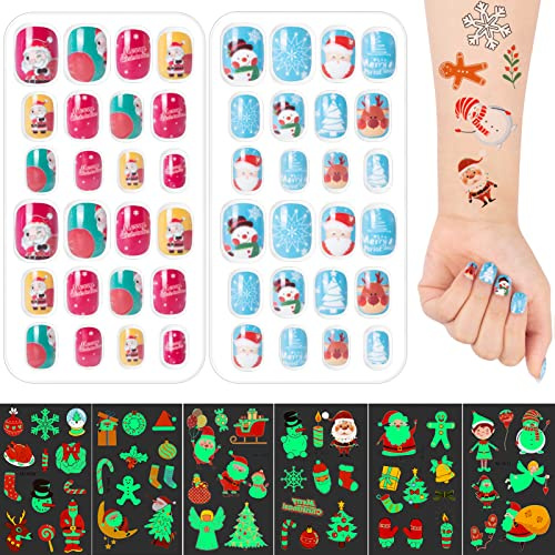 48pcs Noel Faux Ongles Court avec 10pcs Tatouage Enfant Lumineux, Appuyez Sur Pré-Collé Nail Ongle pour Enfant Femme Fille