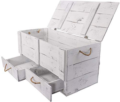 Große Holztruhe mit Deckel und Schubladen 85x39x40cm Hochzeit Schatztruhe Spielzeugkiste Garten Truhe Bank Stauraum Sitztruhe Sitzbank Aufbewahrungstruhe Schlafzimmer, Wohnzimmer (Shabby weiss)