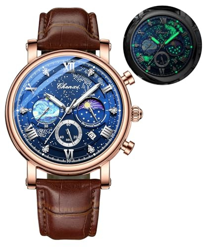 FANMIS Reloj analógico clásico multifuncional militar deportivo para hombre, resistente al agua, luminoso, cronógrafo, cielo estrellado, fase lunar, reloj de pulsera de cuero, Marrón, Reloj analógico,