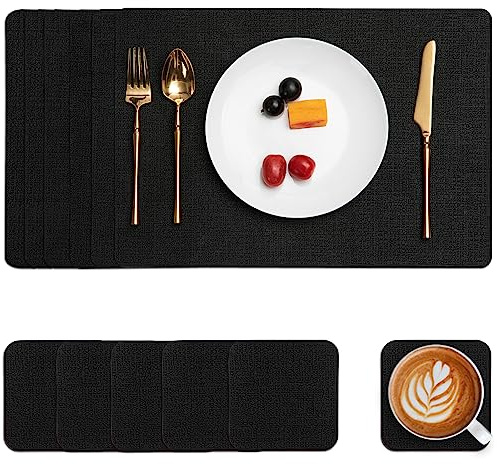Myir JUN Tischsets abwaschbar Leder und Untersetzer doppelseitige Platzsets | Platzdeckchen abwaschbar 6er Set rutschfest Tischsets Platzsets abwaschbar Kunstleder (Schwarz, 6er Set)