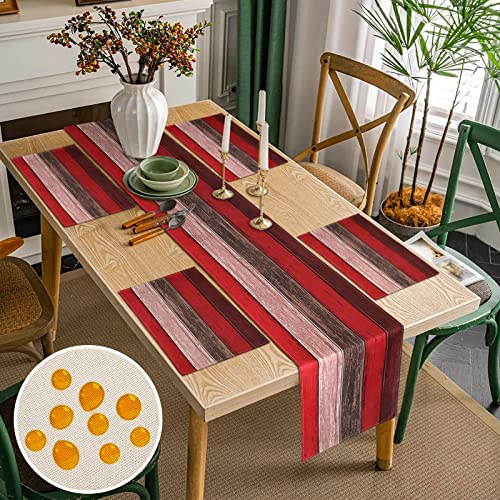 Runner Tavola E Tovaglietta Impermeabile Set di 4 Rosso Marrone Strisce Legno Runner da Tavola Tovagliette Lavabili Poliestere Runner per il Tavolo Runner da Tavolo per Esterni Cucina Feste 33x183cm