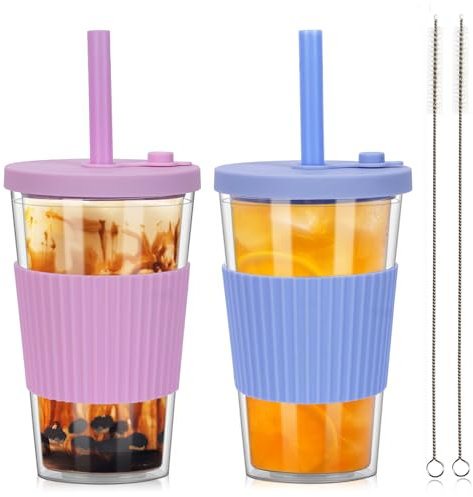 ZgoEC 500ml Bubble Tea Becher mit Strohhalm, 2er Set Mehrweg Plastikbecher Smoothie Becher, Doppelwandig Isoliert Trinkbecher mit Deckel und Strohhalm, Auslaufsicher Tumbler Cup für Tee Eiskaffee