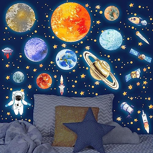 Fluorescerande Star Astronaut Planet Fluorescerande Rymd Väggklistermärken Pojke, Lysande Tak Väggklistermärken Solsystem Barnrum Dekoration Blå