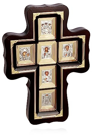 NKlaus Christliche Ikonen naturholz Wand-Kreuz mit Glass 38x27cm Hausaltar metallisiert 14339