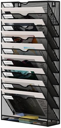 Senhoglb 10 Fächer Zeitungshalter Wand Metall A4 Zeitschriftenhalter Wand Dokumentenablage Hängeregister Zeitschriftenständer Flyerhalter Prospektspender mit 9 Fächern und 1 Tablett, Schwarz