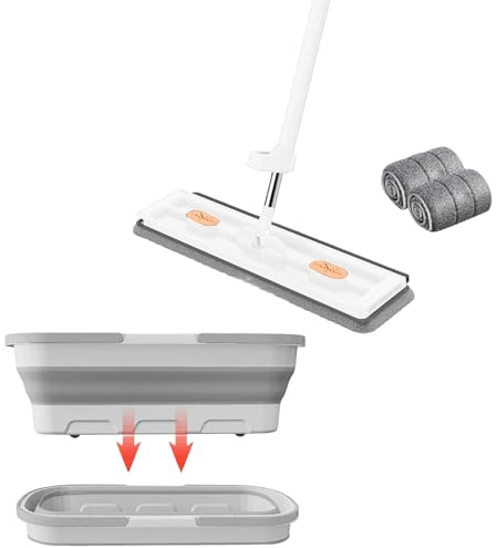 Kit Balai Serpillère Et Seau, Serpillière Plate avec 2 Tampons en Fibre Super Absorbants Et Utilisation Humide Et Sèche, Balai Plat Réglable Rotative À 360 avec Seau Pliable À Roulette