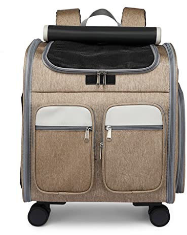 Haustier-Reisetrage-Rucksäcke, faltbar, für Katzen und Hunde, mit großem Platz, atmungsaktiver Haustier-Rucksack mit Rädern, multifunktionaler Katzenbox-Trolley mit Tasche (Farbe: Braun) (Braun)