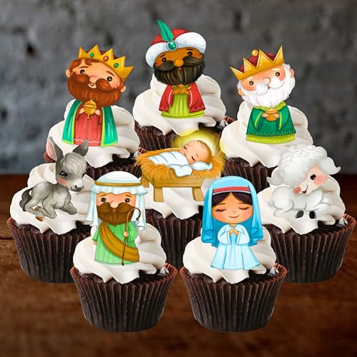 PRECUT Christmas Nativity Cupcake Toppers, Edible Traditional Cake Decorations (24)
