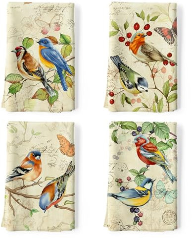 Arquiel Paños y Toallas de Cocina Algodon Set de 4, Toallas de Plato 100% Algodón Paño de Cocina Suaves y absorbentes Toallas de té y Toallas de Barra 48 x 70CM pájaros Retros