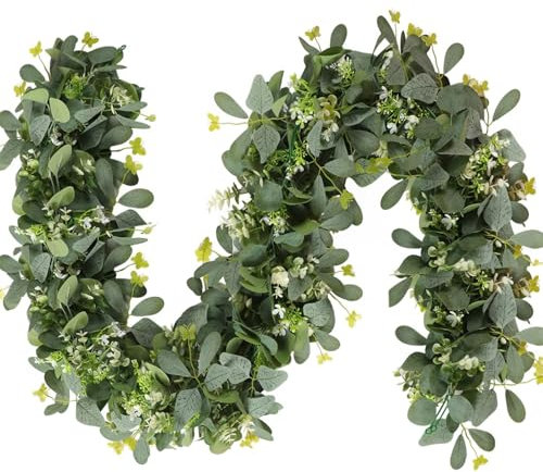 SOMYTING 2 Stück Künstliche Eukalyptus Girlanden mit Weiße Blume Girlande Künstliche Pflanze Hängepflanze für Hintergrund Hochzeit Dekoration Tischläufer Mittelstück (2)
