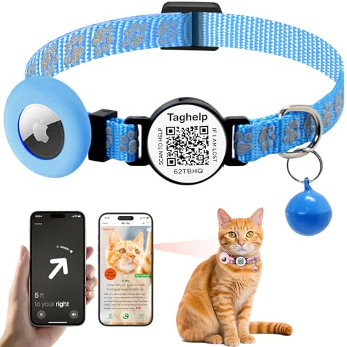 Airtag Katzenhalsband, personalisierbar, Nylon, mit Haustiername und Telefonnummer auf QR-Tag, mit Airtag-Halterung und Glocke (Blauer, süßer Pfotenabdruck)