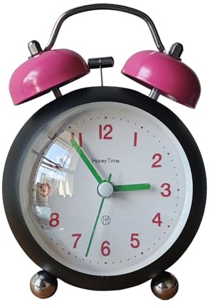 HoneyTime 4 Twin Bell Bedside Alarm Clock, Clashing Colour Deisgn, Curved Front Glass, Silent Analog Quartz, Loud Alarm for Heavy Sleepers, Battery Operated Light (Black)