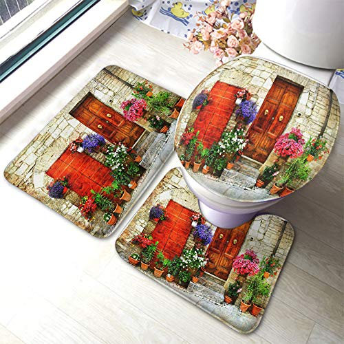 Set 3 Teilig Badvorleger Blumenstraßen Altes Italienisches Dorf Spello, Artisti Badgarnitur Badematten Langlebige Dekorative Wc-Deckelbezug, Für Wc-Sitz Bezug, Badewanne