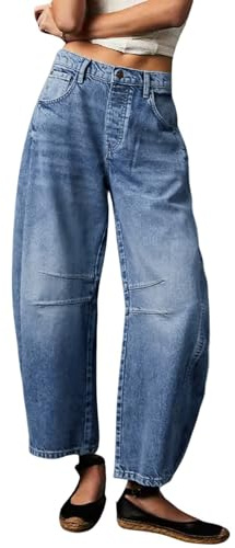 Womens Stretchy Mid Rise Barrel Jeans Vintage Loose Wide Leg Cropped Denim Pants Y2k Baggy Boyfriend Jeans (X-Large,Blue)