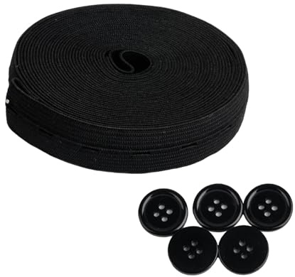 1 Rulle Elastiskt Gummiband för Sömnad, 19 mm x 5 m, Med Knappöljetter, Knapphålsgummi Svart för Byxkjol Pannband, Stickning, Med 5 Svarta Knappar
