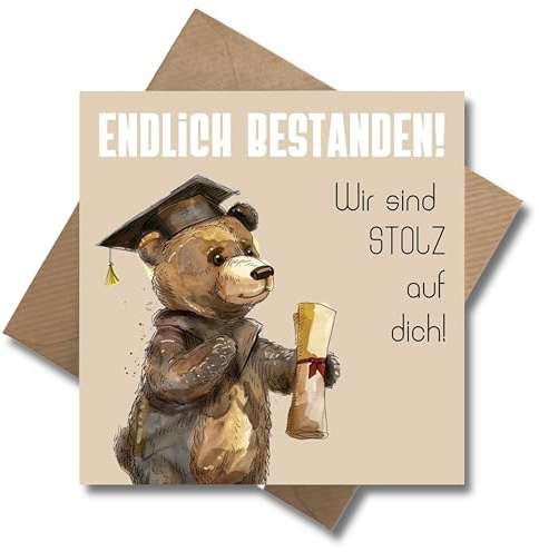 WBdesignz Glückwunsch Karte mit Umschlag - herzliche Gratulationskarte Endlich bestanden! Wir sind stolz auf dich süße Geschenkkarte zum Abschluss Abitur Studium Prüfung (125 x 125 mm)