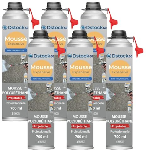 DSTOCK60 – Lot de 6 - mousse expansive polyuréthane projetable – 700 ml – avec applicateur - compatible multi-surfaces - application facile et rapide