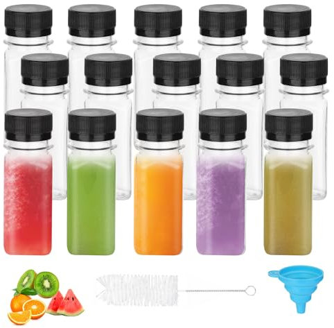 DKBT 15 Pcs Petite Bouteille Shot de Jus 60ml Mini Bouteille Plastique Fiole Transparentes Brosse avec Entonnoir pour Jus Ginger Lait Boissons (Noir)