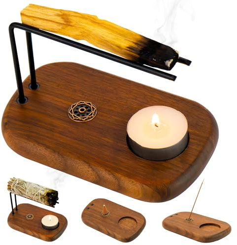 PLEARTY 4 in 1 Walnut Wood Palo Santo Holder Hand-Crafted Incense Sticks Holder for Burning Sage with Booklet The Most Complete Palo Santo Holder for Your Meditation Room Home Decor Gift
