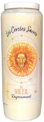 Candela Novena dei Cerchi Sacri, Decorazione: Il Sole, Ø 6,5 cm x 18 cm, cera 100% vegetale, testi in francese