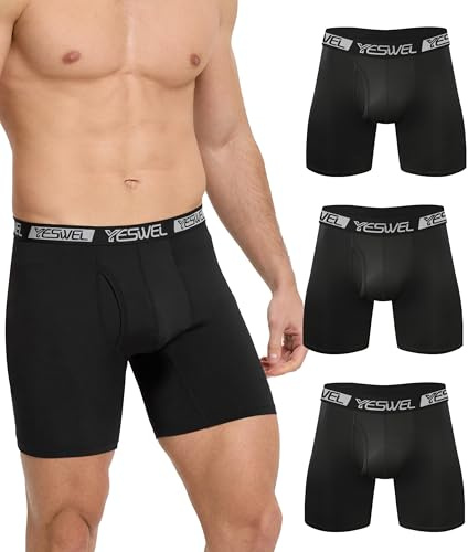 YESWEL Boxershorts Herren Lang, Herren Unterhosen, Lange Unterhosen Herren 3er Pack, Unterhosen Männer langes Bein Ohne Zettel, Retroshorts Atmungsaktive Sport Unterwäsche mit Eingriff(Schwarz L)