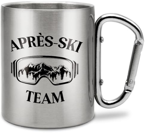 Prozente Momente Apres-Ski Team | Edelstahl-Trinkbecher mit Karabinerhaken | 330 ml | Becher | Apres-Ski | Camping | Silber