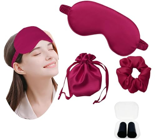JK Home Masque de Sommeil en Soie Imitation Cache Yeux Rouge | pour Dormir avec Sangle Elastique Sac Rangement Elastique à Cheveux Voyage Bureau
