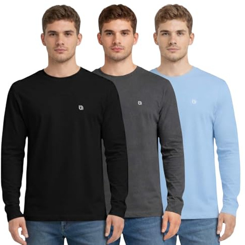 Bahob® 3 Pack Men's Long-Sleeved T-Shirt Round Neck T-Shirts Comfortable Crewneck Neck Tops for Men Soft Cotton S-3XL