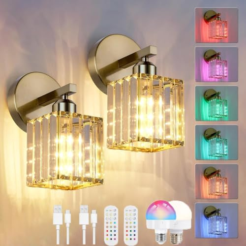 LOGT 2 Stück Innen Akku Wandleuchte Kristall Kabellos Ohne Stromanschluss Wandlampe Dimmbar Fernbedienung Timer USB Aufladung Nachttischlampe LED Gold Wandbeleuchtung Batterie Wandlicht Quadratische