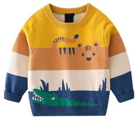 LUVCES Suéter de Punto para Niño Pequeño Lindo Jersey de Cuello Redondo Blusa de Manga Larga con Estampado Animal Sudadera Cálida para Niños Tigre Amarillo y cocodrilo 4-5 Años