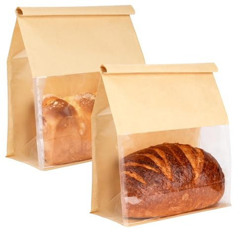 50 Pack Large Bread Bags with Tin Tie Tab Lock,8.7x4.3x11 Inches Loaf Bag with Clear Front Window, Treat Bag for for Bakery Cafe Homemade Bread
