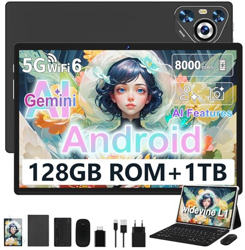 Dghrti 2026 Tablet 10 Zoll Android, 128GB ROM/TF 2TB, Octa-Core Prozessor, 8000mAh, BT5.0, 8MP+5MP, WiFi 5G+2.4G, Face ID, Widevine L1, Augenschutz, Tablet mit Tastatur & Maus Metallkörper-Schwarz