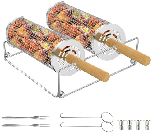 Jokapy Cesta de barbacoa enrollable, accesorio para barbacoa, mango de madera extraíble, acero inoxidable 304, para verduras, camarones, al aire libre, camping, barbacoa, regalo para hombres o amantes