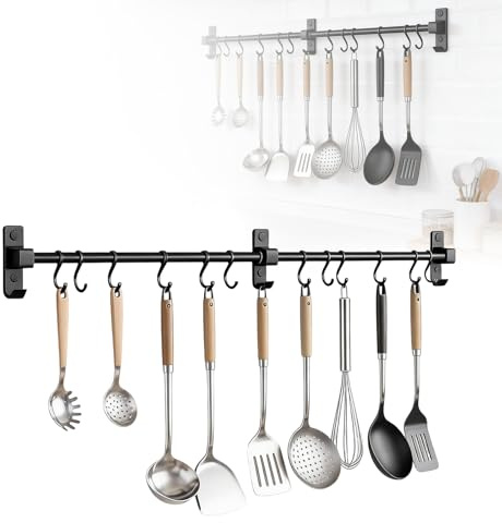 HUSOUE Stange für Küchenutensilien 80 cm, Hakenleiste Küche Aluminium mit 12 Beweglichen Haken Küchenleiste Küchenstange für Aufhängen von Schneidebrettern Löffeln Scheren, Schwarz