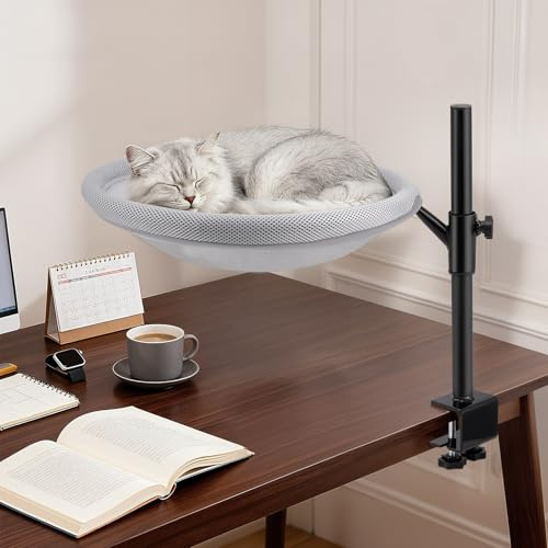 Lettino per Gatti da Scrivania, Cuccia per Gatti da Scrivania con Rotazione a 360°, Altezza Regolabile, Tessuto a Rete, Fodera Lavabile, per Ufficio a Casa, Fino a 19 kg/42lb