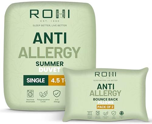 Rohi Anti-Allergy Single Duvet 4.5 Tog with 2 Deluxe Pillows – Lightweight – Comfort Cool Summer Duvet – Soft & Breathable Corvin Quilt
