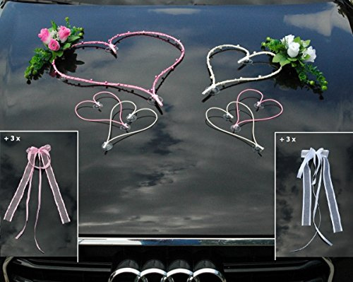 TOP HERZE Auto Schmuck Braut Paar Rose Deko Dekoration Autoschmuck Hochzeit Car Auto Wedding Deko PKW (Maxi Rosa/Weiß)