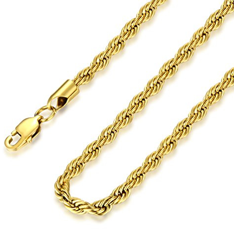 FOSIR 3mm 4mm 5mm Stainless Steel Mens Womens 18ct Real Gold Plated Twist Rope Chain Necklace, 18-30 Inch