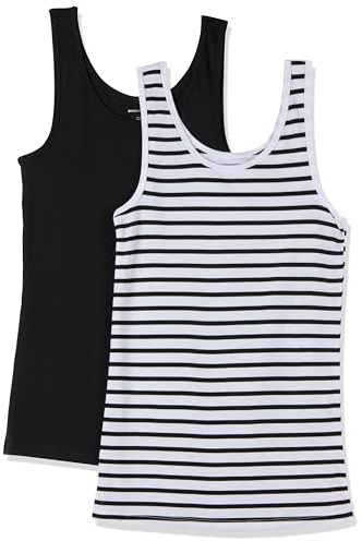 Amazon Essentials Women's Slim-Fit Scoop Neck Tank Top, Pack of 2, Black/White Stripe, Large