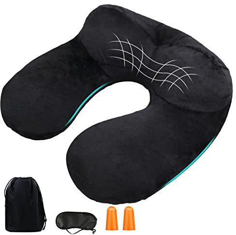 YOUXIU Nackenkissen aufblasbares Reisekissen kompakte Nackenhörnchen egornomische Kopfstütze mit samtweichem waschbarem Bezug für Beste Reiseutensilien zum Schlafen/Lesen/Camping (Schwarz)