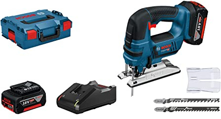 Bosch Professional GST 18V-LI S (avec 2 batteries 4,0 Ah + chargeur, 3 lames pour bois, capot de recouvrement, calage L-BOXX, L-BOXX 136)