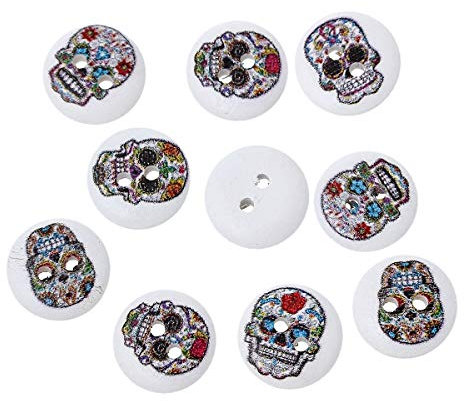 SiAura Material - 100 Stück Runde Holzknöpfe Halloween Skelett Muster 15mm, zufällig gemischt, 2 Löcher I Zum Nähen, Basteln und Dekorieren