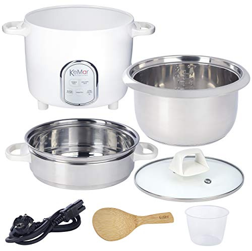 KeMar Reiskocher (5 Programme, 1,4L, 500W, Weiß) 7 Messbecher, Edelstahltopf & Glasdeckel - inkl. Dämpfeinsatz, Dampfgaren - Edelstahlschüssel, spülmaschinengeeignet, Warmhaltefunktion, KRC-175
