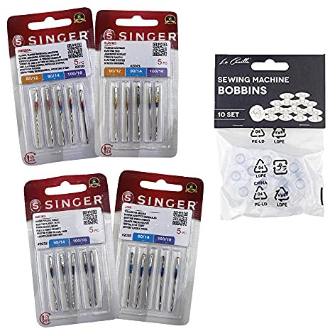 Singer Pack de 4 Paquetes de Agujas para Coser Punto, Elástico, Universales, Algodón, Tejanos y Cuero 2020, 2045, 2026, y 2032 Sistema 130/705 H (Plano de un Lado)