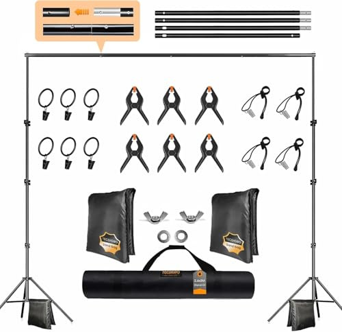 Tecdigbo Support de Fond Réglable 2.6m*3 m avec 4 Barres transversales, 4 Clip Fort,2 Sacs Noirs,et 1 Sac de Transport pour Photographie Portrait & Studio, Diffusion en Direct, Mariage