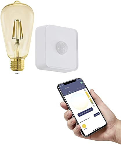 EGLO Connect.z Smart-Home-Set, LED Leuchtmittel E27, ST64 | und Bewegungsmelder, ZigBee, App-Steuerung, dimmbar, Vintage-Glühbirne amber, 500 Lumen, 5,5 Watt, warmweiß